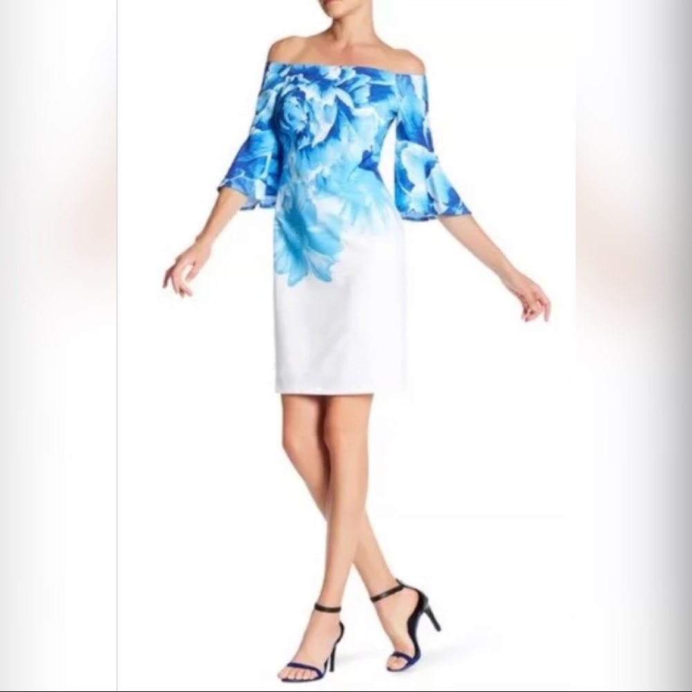 DONNA RICCO White Blue Floral Off Shoulder